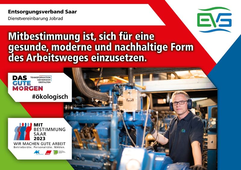 Plakat zur Mitbestimmungsmesse mit dem Slogan "Mitbestimmung ist, sich für eine gesunde, moderne und nachhaltige Form des Arbeitsweges einzusetzen"