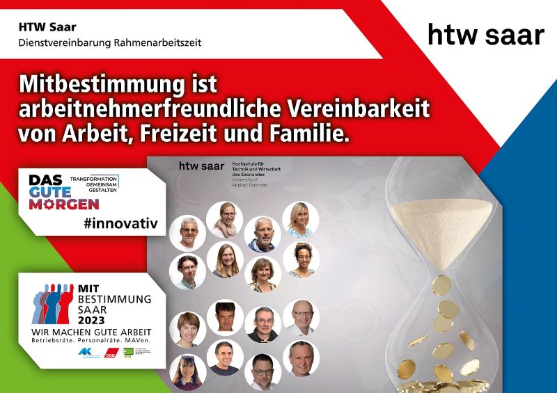 Plakat zur Mitbestimmungsmesse mit dem Slogan "Mitbestimmung ist, arbeitnehmerfreundliche Vereinbarkeit von Arbeit, Freizeit und Familie"