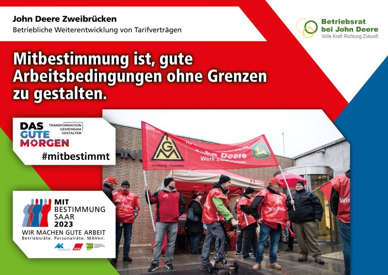 Plakat zur Mitbestimmungsmesse mit dem Slogan "Mitbestimmung ist, gute Arbeitsbedingungen ohne Grenzen zu gestalten"