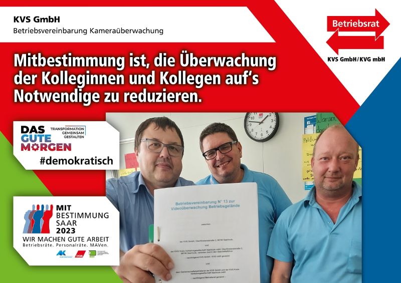 Plakat zur Mitbestimmungsmesse mit dem Slogan "Mitbestimmung ist, die Überwachung der Kolleginnen und Kollegen auf's Notwendige zu reduzieren"