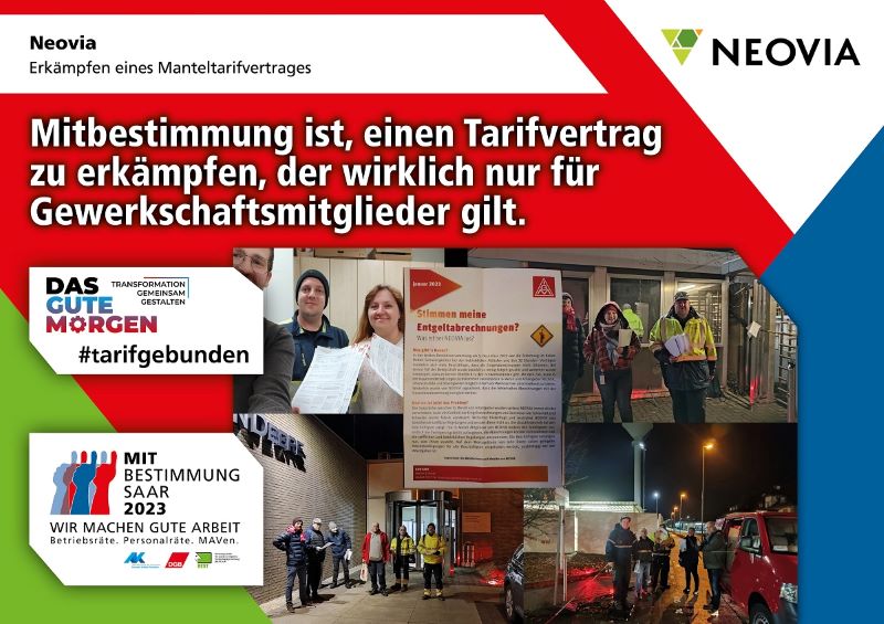 Plakat zur Mitbestimmungsmesse mit dem Slogan "Mitbestimmung ist, einen Tarifvertrag zu erkämpfen, der wirklich nur für Gewerkschaftsmitglieder gilt"