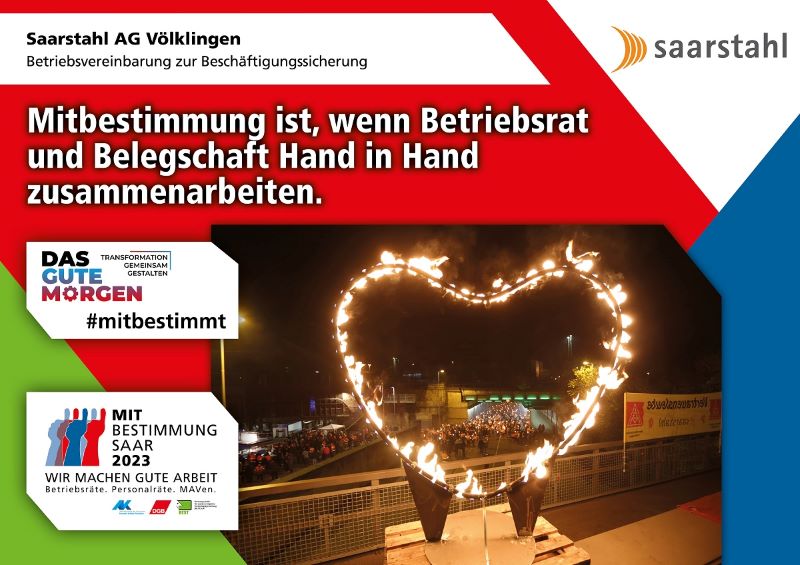 Plakat zur Mitbestimmungsmesse mit dem Slogan "Mitbestimmung ist, wenn Betriebsrat und Belegschaft Hand in Hand zusammenarbeiten"