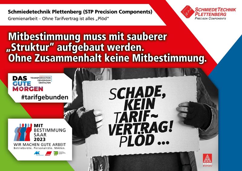 Plakat zur Mitbestimmungsmesse mit dem Slogan "Mitbestimmung muss mit sauberer "Struktur" aufgebaut werden. Ohne Zusammenhalt keine Mitbestimmung"