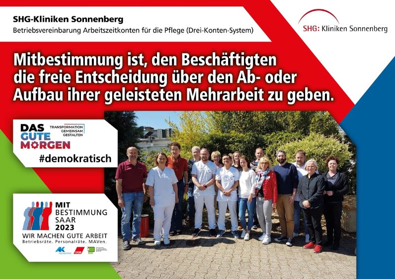 Plakat zur Mitbestimmungsmesse mit dem Slogan "Mitbestimmung ist, den Beschäftigten die freie Entscheidung über den Ab- oder Aufbau ihrer geleisteten Mehrarbeit zu geben"