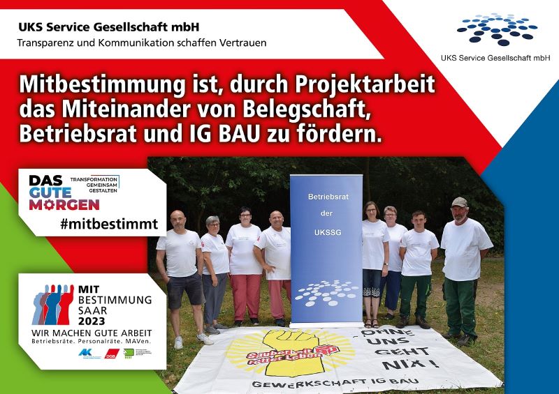 Plakat zur Mitbestimmungsmesse mit dem Slogan "Mitbestimmung ist, durch Projektarbeit das Miteinander von Belegschaft, Betriebsrat und IG BAU zu fördern"