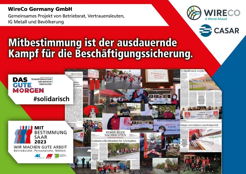 Plakat zur Mitbestimmungsmesse mit dem Slogan "Mitbestimmung ist der ausdauernde Kampf für die Beschäftigungssicherung"