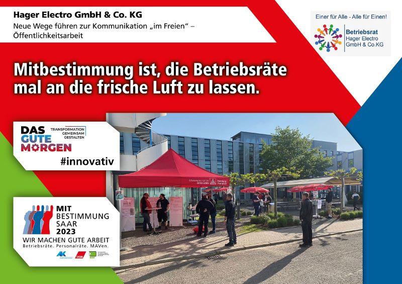 Plakat zur Mitbestimmungsmesse mit dem Slogan "Mitbestimmung ist, die Betriebsräte mal an die frische Luft zu lassen"