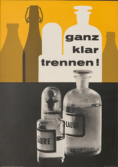 Schriftzug "ganz klar trennen", unterschiedliche Behälter, vor gelben Hintergrund und vor schwarzem Hintergrund