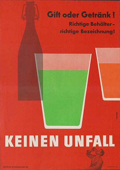Schriftzug "Gift oder Getränk! - Richtige Behälter - richtige Bezeichnung", 2 Becher und eine Flasche