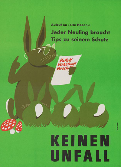 Zeichnung Hasenlehrer unterrichtet kleine Hasenkinder, Schriftzug "Jeder Neuling braucht Tipps zu seinem Schutz" - Keinen Unfall