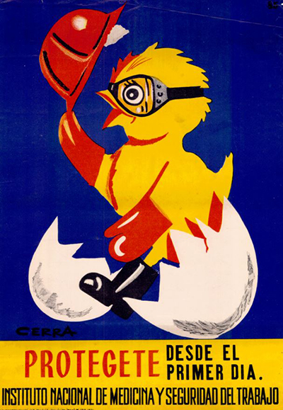 Zeichnung Küken mit Arbeitsschutzausrüstung klettert aus Ei. Schriftzug "Protegete"