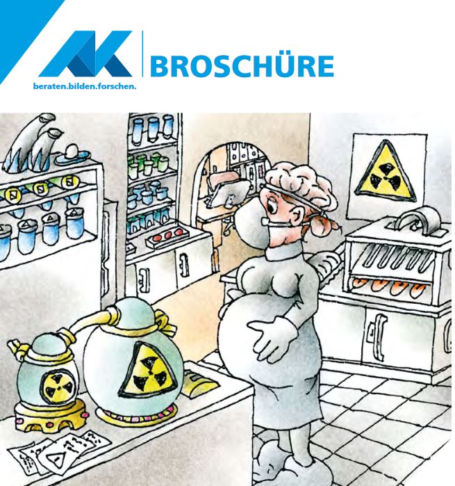 Titelblatt Broschüre Mutterschutz, Grafik "Schwangere Frau im Labor mit giftigen Arbeitsmaterialien"