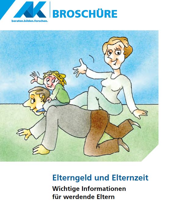 Titelblatt AK-Broschüre "Elterngeld und Elternzeit", Grafik zeigt Eltern mit Kind.