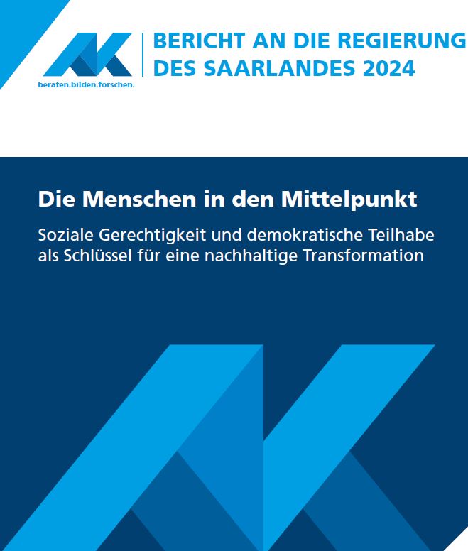 Titelblatt des Jahresberichtes, zeigt großes AK Logo mit Titeltext "Die Menschen in den Mittelpunkt" und Untertitel "Soziale Gerechtigkeit und demokratische Teilhabe als Schlüssel für eine nachhaltige Transformation"