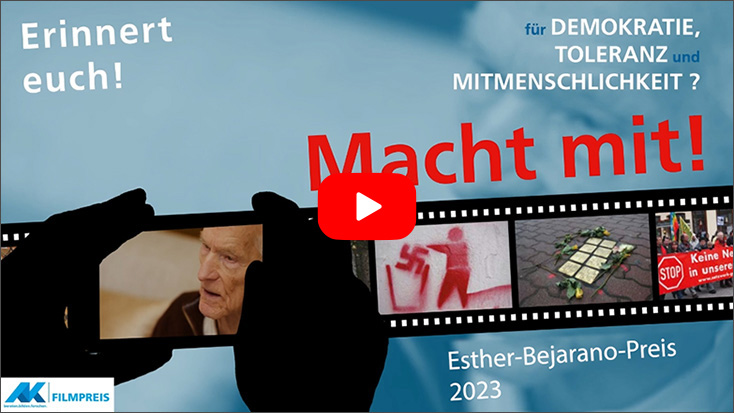 Der Trailer zum Esther-Bejarano-Preis 2024 auf YouTube. Videovorschaubild Trailer Esther-Bejarano-Preis 2024, Aufruf "Macht mit!"
