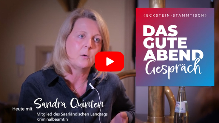 Foto: Sandra Quinten, Mitglied des Saarländischen Landtags, Kriminalbeamtin, darüber die Grafik mit dem Text "Das Gute Abend Gespräch"